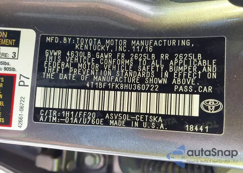 2017 Toyota Camry Se из США, поврежденный, VIN 4T1BF1FK8HU360722